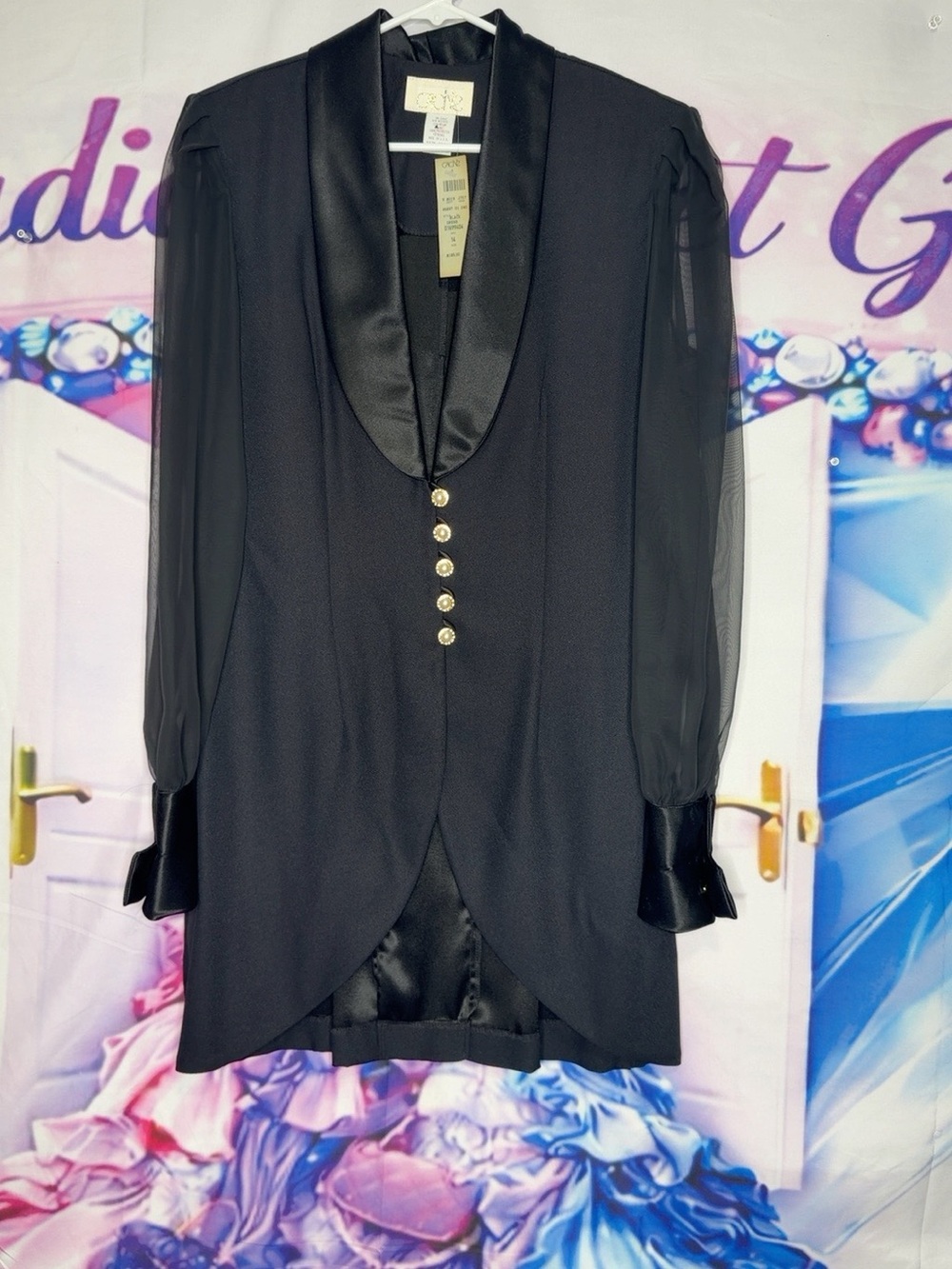 Vintage Caché Black Tuxedo Dress Size 14 NWT Sheer Sleeves Pearl Buttons USA